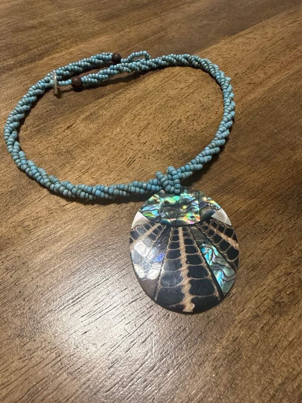 Vintage Turquoise Beaded Necklace with Iridescent Abalone Shell Pendant